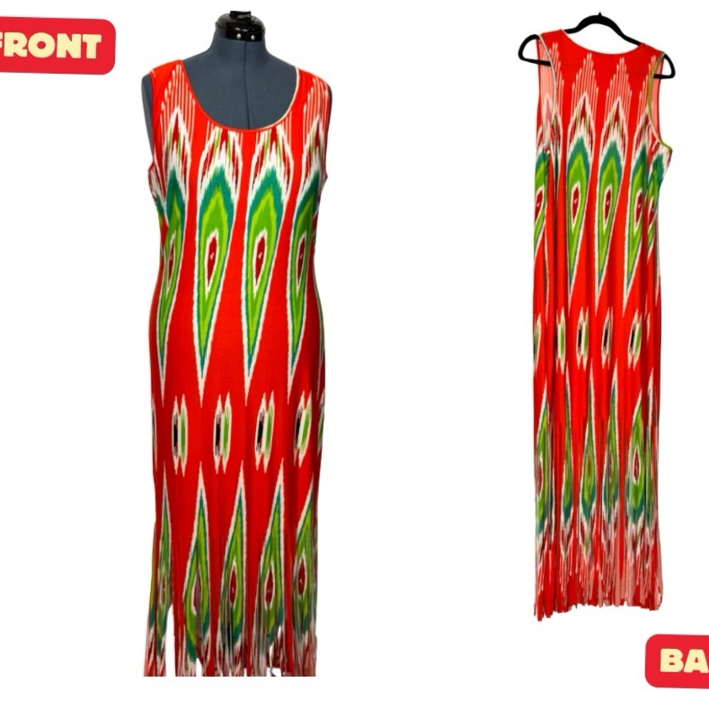Vibrant Red Patterned Maxi Dress, Bathing Suit Cover-Up with Fringes XXL, New